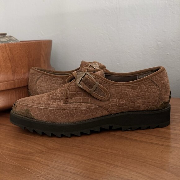 Vtg 80s Giorgio Brutini G-Rock Suede Crocodile Embossed Monk Strap Loafers main image 5
